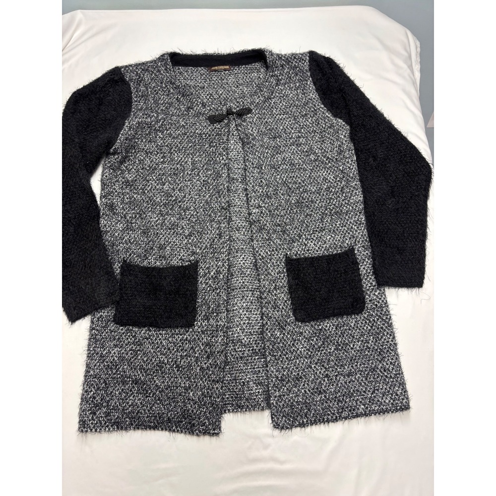 John Fashion Marled Knit Cardigan Black White Eyelash Sleeve Frog Closure XL